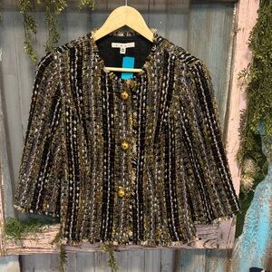 CAbi Tweed Fringe Jacket Gold Button Wool Blend M